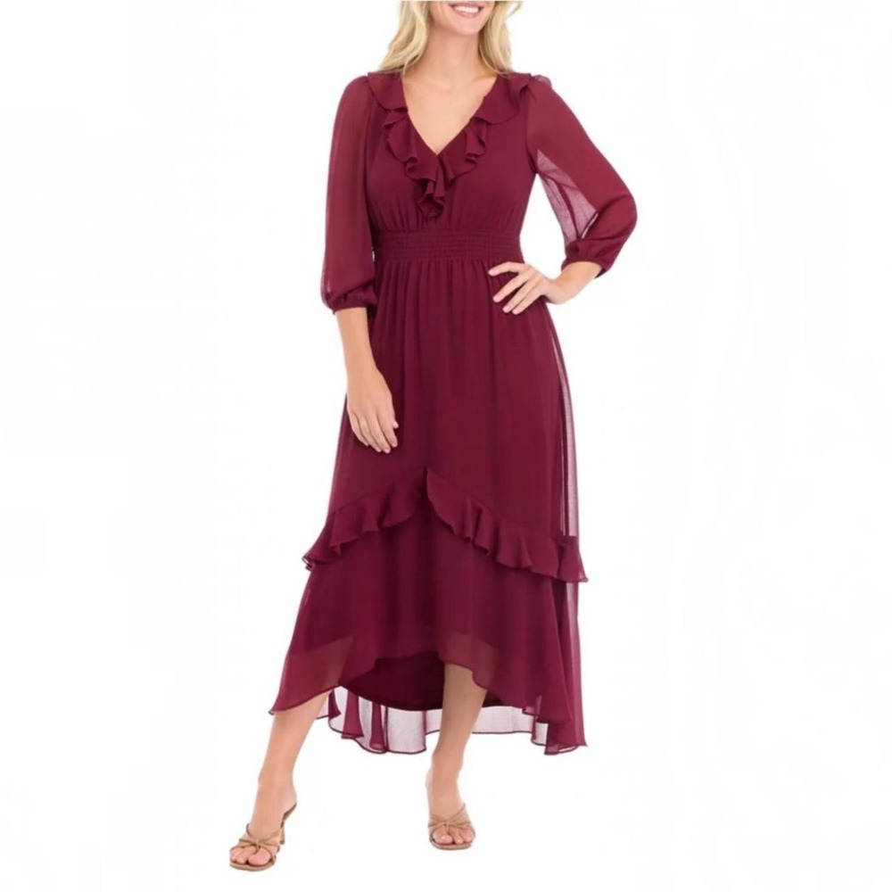 Chiffon High-Low Ruffle Maxi Dress Burgundy – XL